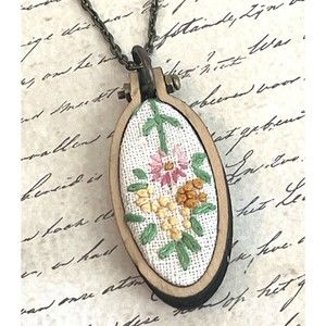 Miniature Vintage Floral Wood Embroidery Hoop Handmade BOHO Necklace 24" Chain